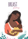 Beautiful young black mother breastfeeds her baby. A woman hugs a baby and feeds it with breast milk.