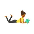 Beautiful young black woman lying on the floor and reading a book vector Illustration Royalty Free Stock Photo