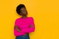 Beautiful Young Black Woman In Neon Color Pink Sweater