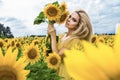 Beautiful young woman in a field of sunflowers in a yellow dress Royalty Free Stock Photo