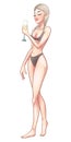 Beautiful young blond woman in swimsuit holding champagne glass. Beach party pin-up girl, summer holidays. Vector comic