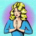 Vector of young girl with magnificent light hairs during prayer. Illustration of praying girl Royalty Free Stock Photo