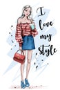 Beautiful young blonde hair woman. Stylish girl in fashion clothes. Hand drawn fashion woman. Sketch. Royalty Free Stock Photo