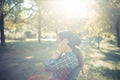 Beautiful young blonde hipster woman listening music Royalty Free Stock Photo