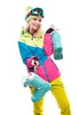 Beautiful young blonde woman in colorful snow coat hold snow boo Royalty Free Stock Photo