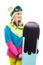 beautiful young blonde woman in colorful snow coat hold snowboar Royalty Free Stock Photo