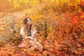 Beautiful young blonde woman in dress sitting with pensive look in tall grass in autumn forest