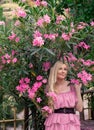 Beautiful young blonde woman in a pink dress stands posing outdoors near a bush with flowers. Royalty Free Stock Photo