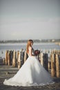 Beautiful young bride with bridal bouquet posing on the background sea Royalty Free Stock Photo