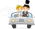 Beautiful young bride and groom couple driving a car on wedding day cartoon in a flat style design