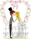 Beautiful young bride and groom couple kissing and holding hands on wedding day cartoon in a flat style design Royalty Free Stock Photo