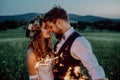 Beautiful bride and groom with sparklers on a meadow. Royalty Free Stock Photo