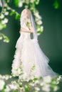 Beautiful young bride has veil over her head and Royalty Free Stock Photo