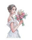 Beautiful young bride holding wedding bouquet