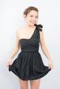 beautiful young brunette girl in black dress woman Fashion photo Royalty Free Stock Photo