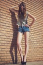 Beautiful young brunette in jeans clothes posing outdoor near red brick wall Royalty Free Stock Photo