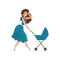 Beautiful young brunette woman in blue dress walking with her newborn baby in a pram, parenting concept vector Royalty Free Stock Photo