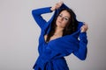 Beautiful Young Brunette Woman Electric Blue Blouse