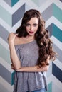 Beautiful young brunette woman with long curly hair and evening makeup, fashion beauty portrait Royalty Free Stock Photo