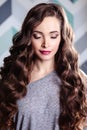 Beautiful young brunette woman with long curly hair and evening makeup, fashion beauty portrait Royalty Free Stock Photo