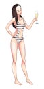 Beautiful young brunette woman in swimsuit holding champagne glass. Beach party pin-up girl, summer holidays. Vector comic