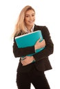 Beautiful young business woman in black suit holds business file folder isolated over white Royalty Free Stock Photo