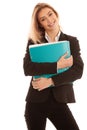 Beautiful young business woman in black suit holds business file folder isolated over white Royalty Free Stock Photo