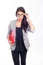 Beautiful young business woman who is surprised with a red folder Royalty Free Stock Photo