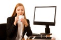 Beautiful young business woman works in office with big copy spa Royalty Free Stock Photo