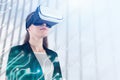 Woman in vr glasses, circuits and graphs Royalty Free Stock Photo