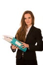 Beautiful young caucasian brunette business woman holds thick folder isolated over white background