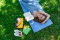 Beautiful young caucasian woman reading a book outdoor. Lying on mat. Top view Royalty Free Stock Photo