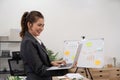 Beautiful young concentration business woman using laptop while standing in office