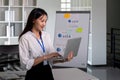 Beautiful young concentration business woman using laptop while standing in office