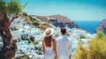 Beautiful couple admiring scenery while visiting small southern European town