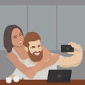 Beautiful young couple doing selfie using a smartphone. Smile together. Posing crowd. Happy character man or woman. Vector