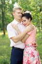Beautiful young couple hugging in nature Royalty Free Stock Photo