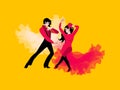 Beautiful young couple in traditional Spanish costumes dancing flamenco. Girl and young man isolated on a yellow background.