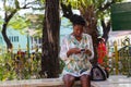 Beautiful Young Creole Cuban Woman Pretty Floral Pattern Dress Dark Skin Text Messaging Santiago De Cuba