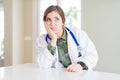 Beautiful young doctor woman wearing medical coat and stethoscope thinking looking tired and bored with depression problems with Royalty Free Stock Photo