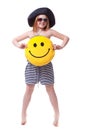 Beautiful young elementary age school girl with big yellow smile Royalty Free Stock Photo