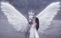 Beautiful, young elf, walking with a unicorn. She is wearing an incredible light, white dress. Art hotography Royalty Free Stock Photo