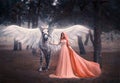 Beautiful, young elf, walking with a unicorn. She is wearing an incredible light, white dress. Art hotography Royalty Free Stock Photo