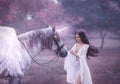 Beautiful, young elf, walking with a unicorn. She is wearing an incredible light, white dress. Art hotography Royalty Free Stock Photo