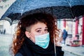 Beautiful young European woman in spring clothes on the street with a medical face mask on Royalty Free Stock Photo