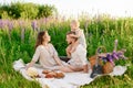 Beautiful young family dad and mom with a little baby girl sitting on a picnic Royalty Free Stock Photo