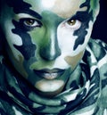 Beautiful young fashion woman with military style clothing and face paint make-up, khaki colors, halloween celebration Royalty Free Stock Photo