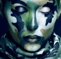 Beautiful young fashion woman with military style clothing and face paint make-up, khaki colors, halloween celebration Royalty Free Stock Photo