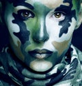Beautiful young fashion woman with military style clothing and face paint make-up, khaki colors, halloween celebration Royalty Free Stock Photo
