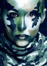 Beautiful young fashion woman with military style clothing and face paint make-up, khaki colors, halloween celebration Royalty Free Stock Photo